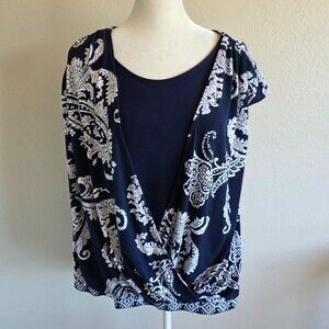 Roz & Ali Top Stretch Knit Navy White Abstract Relaxed Fit Woman Plus Size 2X